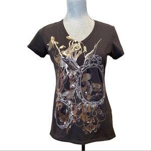 Y2K Kenneth Cole Black Silver Metallic Graphic Shirt Nature Scenes Size M